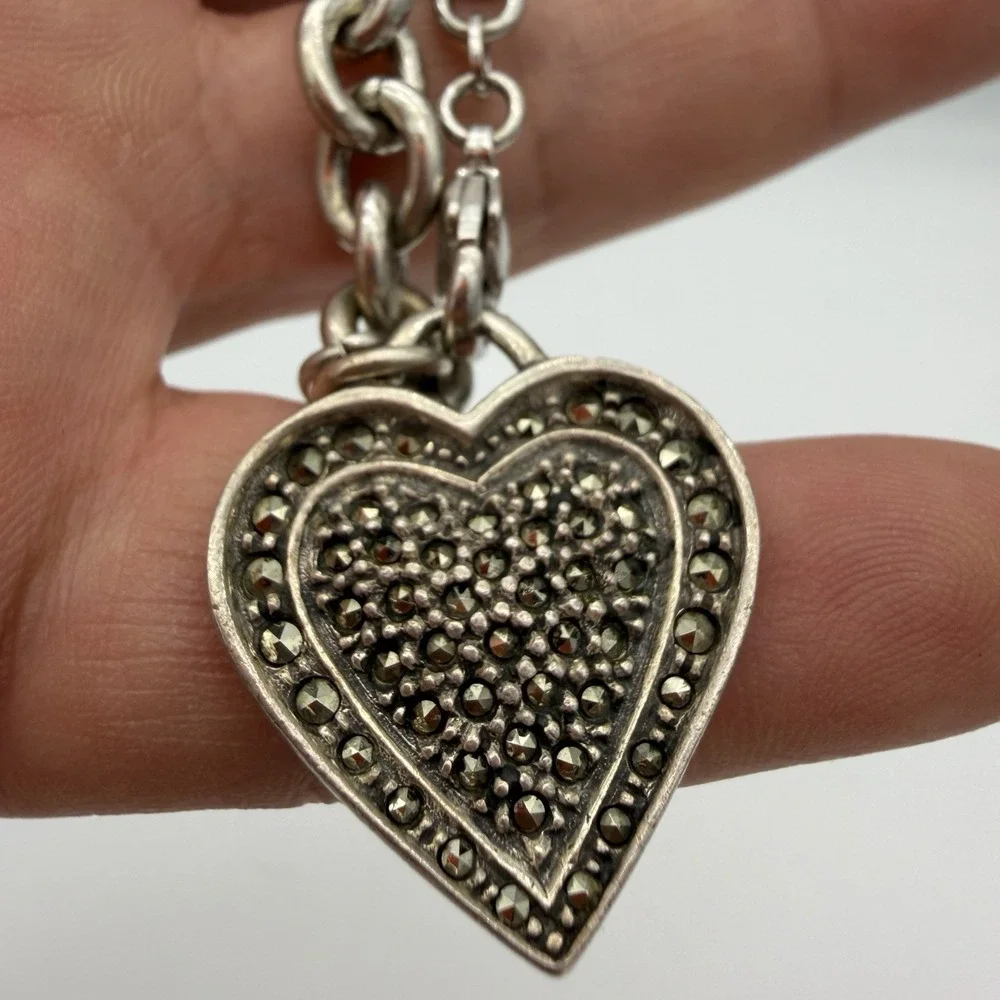 VTG‎ Sterling Silver Heart Charm Bracelet Marcasite Hallmarked Charm 26gr Sz6.5